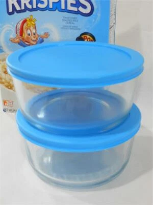 TWO - PYREX 4 Cup ROUND Storage Dishes w/ Bright TURQUOISE Sky AQUA Blue Cover - Image 1 of 2