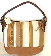 NEW FOSSIL SALLY PW BUCKET BROWN,IVORY WHITE STRIPE LEATHER HAND BAG,PURSE
