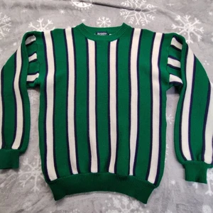 Vintage Strawbridge & Clothier Sweater Mens L Green White Striped  Heavy Knit  - Picture 1 of 9