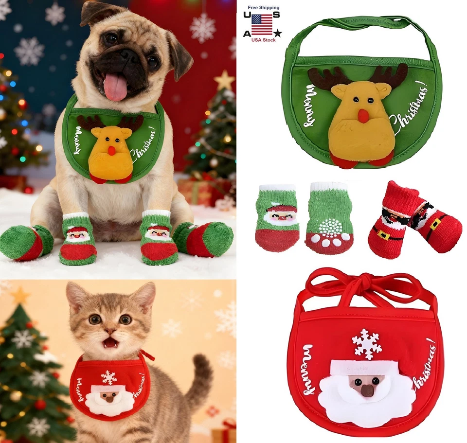 NUEVO Conjunto Babero + Calcetines Navidad Mascota Disfraz Traje de Navidad Divertido Perro Gato Mascota Cachorro EE. UU. Foto 1 de 4