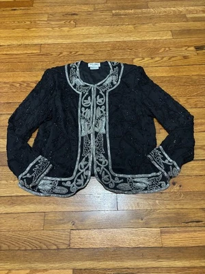 Brilliante de J.A. Blusa chaqueta de noche 100 % seda con cuentas talla grande negra plateada Foto 1 de 4