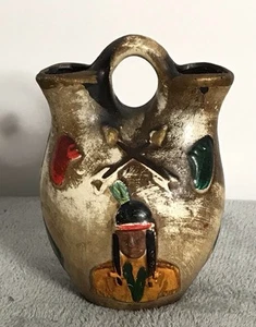 Vintage Native American Wedding Vase Hand Painted 6” Man Woman Figure Raised - Picture 1 of 9
