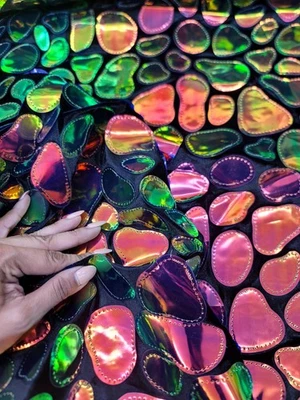 Mermaid Pink Green Iridescent Sequins On Stretch Velvet Fabric by yard For Dress - Image 1 of 4