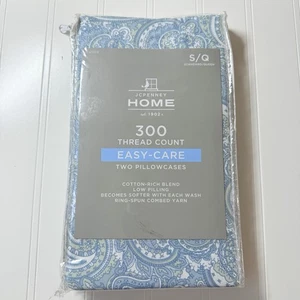 JCPenney Easy Care 300 Thread Count Two Pillowcases Cotton Rich Blend S/Q Blue - Picture 1 of 3