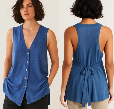 NWT $125 ISDA & CO M Blue Button-Up Cotton Linen Sweater Vest with Back Ties - Image 1 of 4