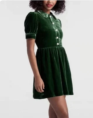 Vestido ModCloth Para Mujer Terciopelo Verde Retro Perla Botón Cuello Peter Pan - Talla 4 Foto 1 de 4