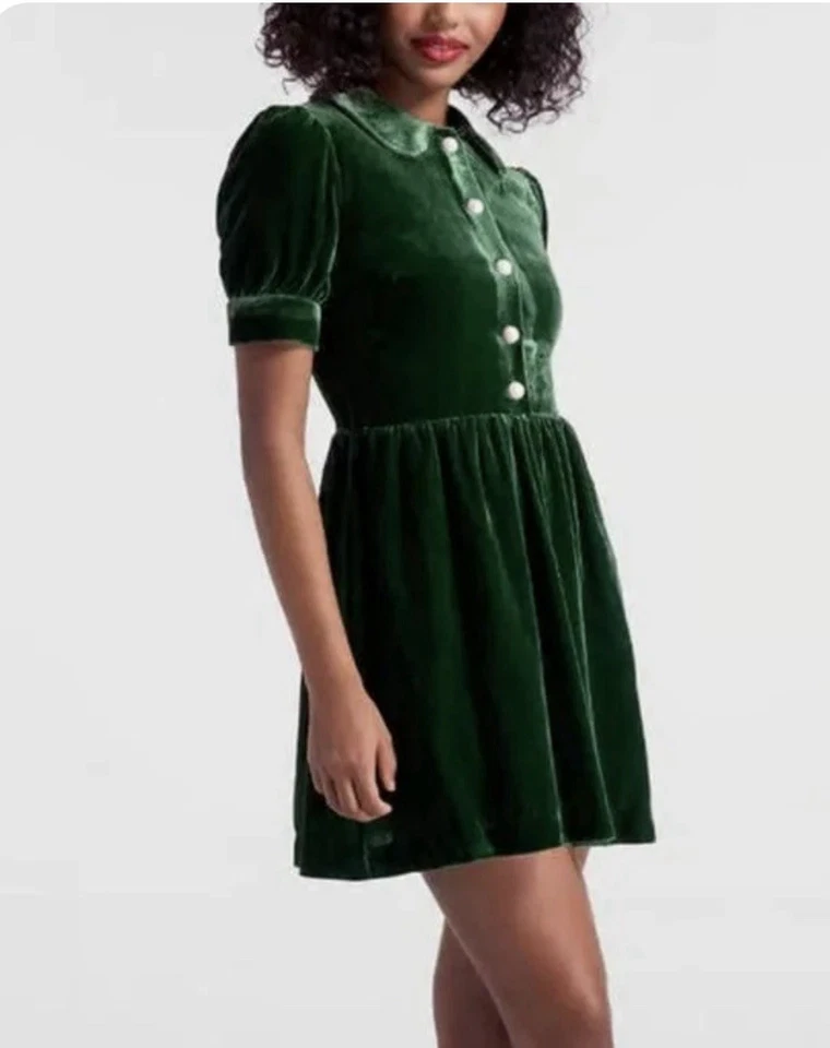 ModCloth Women's Velvet Green Retro Pearl Button Peter Pan Collar Dress- Size 4 - Image 1 of 4