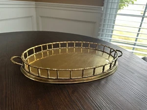 Hollywood Regency Brass Vanity Serving Tray Bamboo Oval With Handles Vintage - Picture 1 of 11