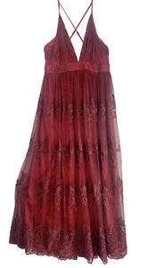 Formal Tulle XL Dress Burgundy Low V Neck Crisscross Back Floral DEFECT - Picture 1 of 14