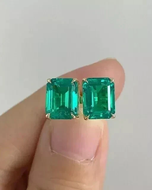 Natural Emerald 4.20CT Emerald Cut Women's Stud Earrings 14k Yellow Gold Plated - Image 1 of 4