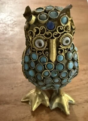 Vintage Nepalese Owl Figurine. Hand Set Faux Turquoise & Coral Beads - Image 1 of 4