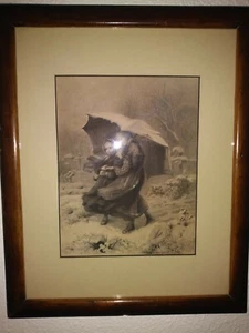 Antique etching- 2 girls walking in snow with umbrella 13'x16" including frame - Picture 1 of 5