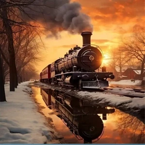Zug kommt herunter verschneite Strecke mit Sonnenuntergang im Hintergrund 5D Diamond Painting Kit - Bild 1 von 7