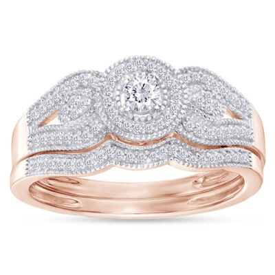 1/4 CT. T.W. Juego de novia con marco de diamante estilo vintage en oro rosa de 10 quilates Foto 1 de 4