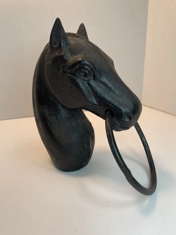 Cast Iron Horse Head w/Ring Vintage Hitching Post Topper Antique Equestrian Cover