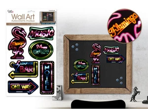 SIGNOS DE NEÓN pegatinas de pared 6 calcomanías coloridas Flamingo Motel Bar abierto 24 horas música - Imagen 1 de 1