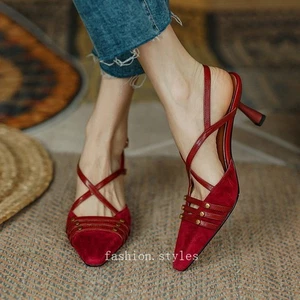 Sandalias francesas elegantes retro de tacón alto con correa de hebilla de cuero para mujer - Imagen 1 de 20