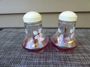 Vintage Bartlett Collins Cranberry klar Salz Pfefferstreuer Blumen Glockenboden - Bild 1 von 4