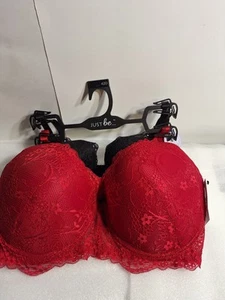 Just Be 42D Bra 2 pk Intimates Plus With Lace 1 Red & 1 Black Flower Pattern NWT - Picture 1 of 3