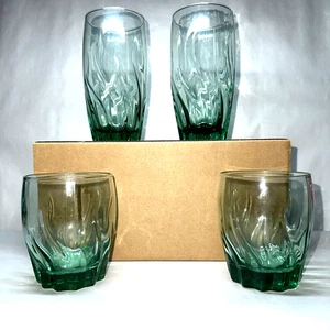 Vintage Anchor HockingEmerald Green Swirl Twist Glasses Set. 2-16 oz & 2-8 oz.  - Picture 1 of 4