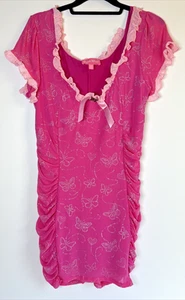 Sugar Thrillz by Dolls Kill Dress 1X Pink Ruffle Butterfly Mesh Mini Bodycon Y2K - Picture 1 of 15