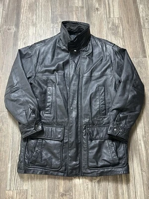 Winlit Jacket Mens Medium Black Genuine Leather Faux Fur Lined Quilted Coat Warm - Image 1 of 4