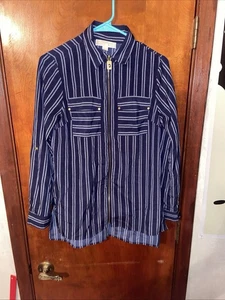MICHAEL KORS Striped Blue Roll Tab Sleeve Zip Front Tunic Top Sz XS Very Nice!! - Picture 1 of 5