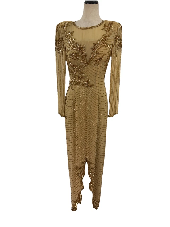 Vestido De Colección Años 80 AJ Bari Dorado Seda Cuentas Talla 8 Formal Gala Glam Fiesta  Foto 1 de 4