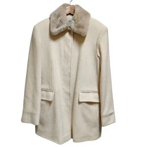 KolKem Coat Women Sz L Cream Angora Blend Detachable Fur Collar Button Placket - Picture 1 of 14