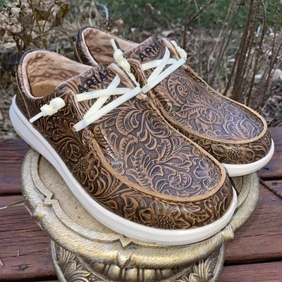 Ariat Women's Hilo Brown Floral Embossed Leather Slip On Flats Shoes Size 8 - Image 1 of 4