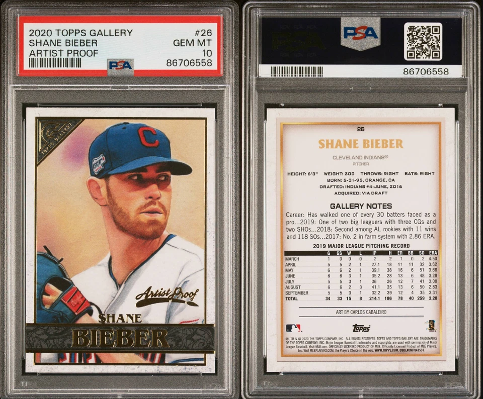 2020 Topps Gallery #26 Shane Bieber Artist Proof Guardians Jays PSA 10 CY Winner - Image 1 of 1