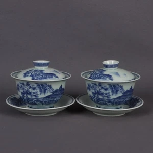 Antica coppia cinese porcellana blu e bianca 亭台楼阁 motivo ciotola coperta - Foto 1 di 9