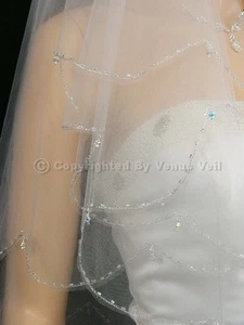 2T White Wedding Bridal AB Crystal Beaded Scallop Veil - Picture 1 of 5