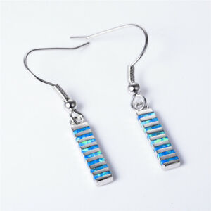 Women Blue Simulated Opal Inlay Silver Jewelry Engagement Hook Dangle Drop 