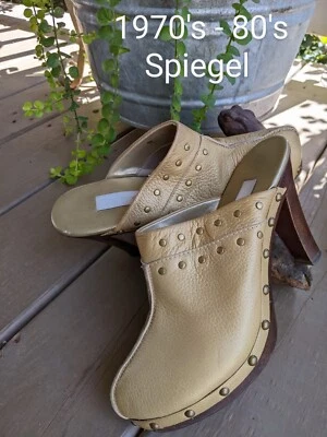 Zuecos de tacón alto vintage SPIEGEL para mujer de latón con tachuelas de cuero madera de mula talla 7 RARO Foto 1 de 4