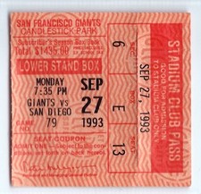 John Burkett win, Matt Williams HR ticket stub; Padres at Giants 9/27/1993
