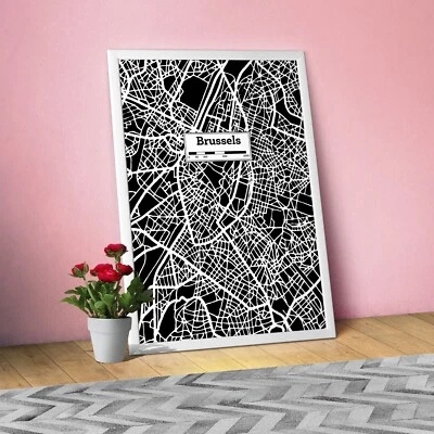 Brussels, Hand Drawn City Map Poster — Black White Modern Urban Art - Image 1 of 4