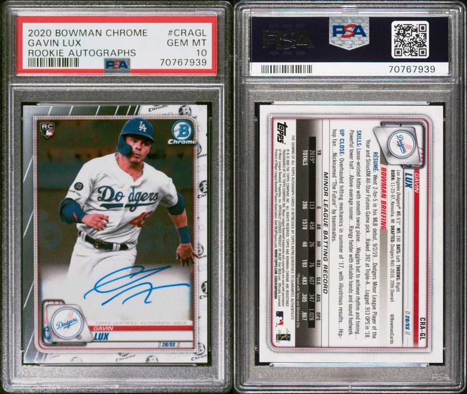 PSA 10 2020 Bowman Chrome Rookie Autograph #CRAGL Gavin Lux RC Dodgers POP34 - Image 1 of 1