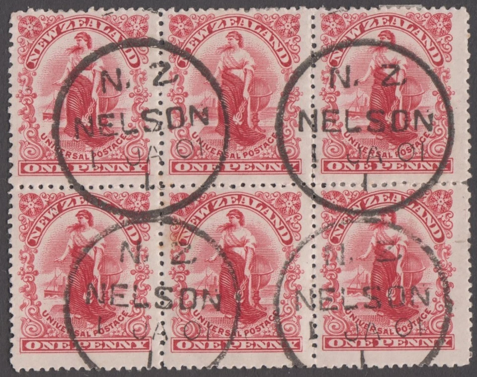 Stamp 1901 New Zealand 1d red universal block of 6 NELSON first day issue, cto - Image 1 of 1
