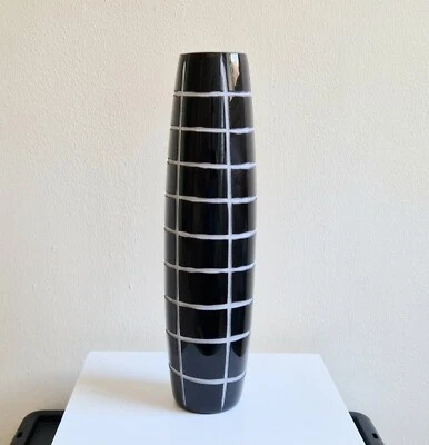 Mid-Century Modern Black & White Cased Murano Art Glass Tall Geometric Grid Vase - Image 1 of 4
