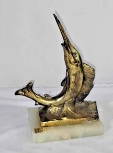 Brass Swordfish/Marlin Statue 8" Nautical Fish Book End/Paper Weight on Marble - Picture 1 of 5