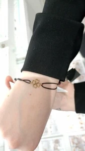 Elegant Gift Black Nylon Cord Bracelet 585 14K Rose Gold Clover Lucky Charm NWT! - Picture 1 of 4