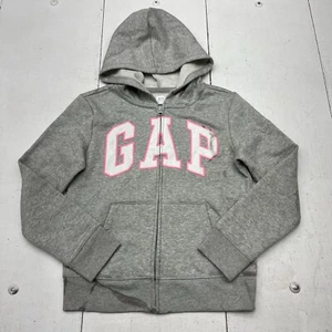 Gap Light Gray Large Front Stitched Logo Full Zip Hooded Jacket Kids Girls XL 12 - Picture 1 of 15