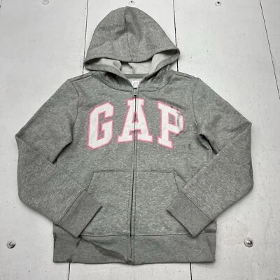 Gap Light Gray Large Front Stitched Logo Full Zip Hooded Jacket Kids Girls XL 12 - Image 1 of 4