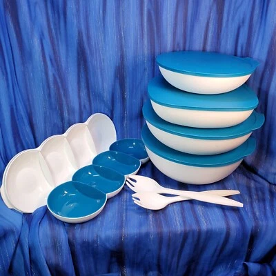 Tupperware Chic Dining Serving Bowl Set White with Peacock Teal Seals NEW - Image 1 of 4