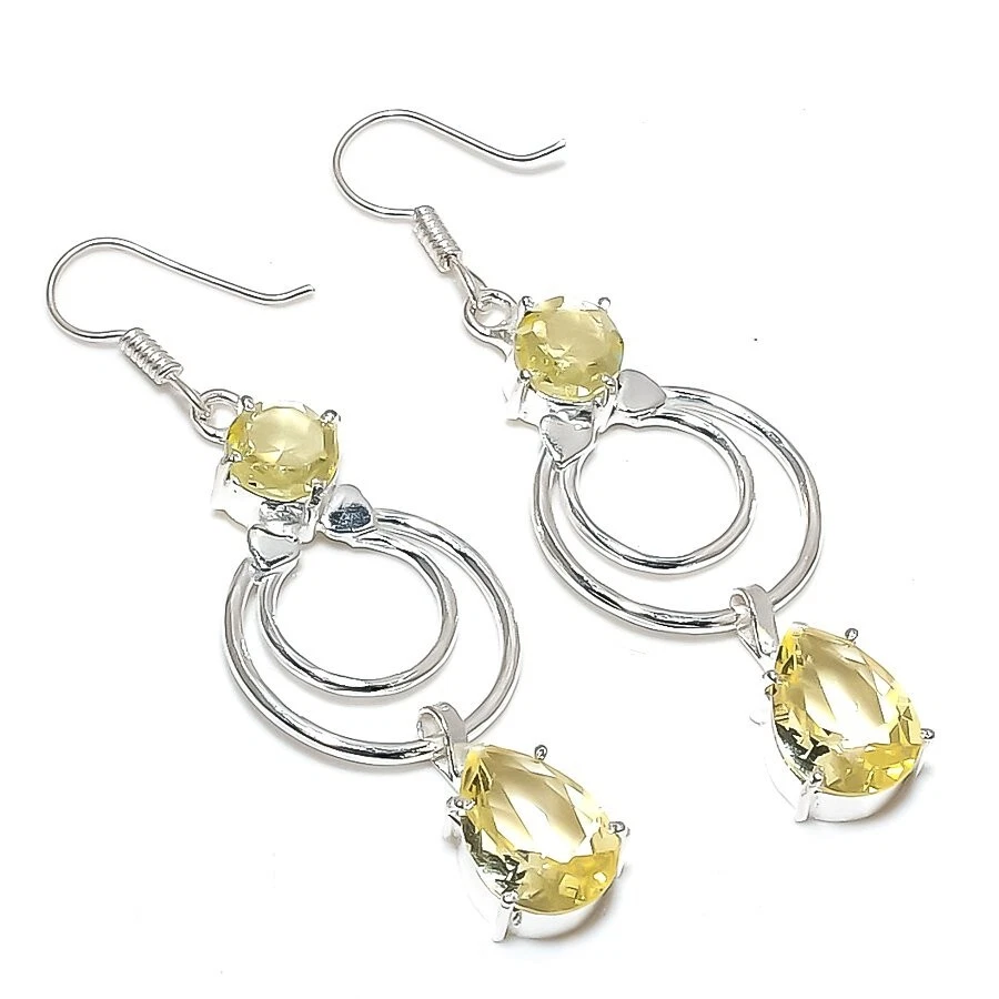 Yellow Lemon Topaz Gemstone Handmade 925 Sterling silver Earring Size 2'' - Image 1 of 1