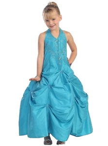NWT Girls Halter Pageant Dress Turquoise Flower Girl Dress Beaded Formal Sz 5-6 - Picture 1 of 3