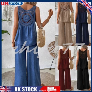2Pcs Ladies Tracksuit Summer Hollow Lace Vest Tops Shirts Shorts Co Ord Set UK - Picture 1 of 11