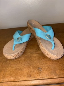 Crocs Womens A-Leigh Wedge Sandals Thong 9 Turquoise Cork Rhinestones Jeweled - Picture 1 of 4