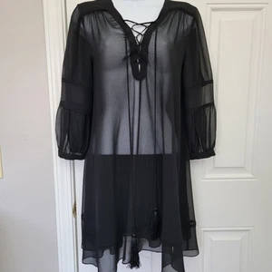 Nachthemd Chelsea 28 transparent schwarz Schnürung vorne 3/4 Ärmel Quasten Größe Small - Bild 1 von 10